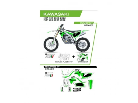 Kit complet plastice UFO KAKIT227047 include Stickere KAWASAKI KXF 250 '21-'22; KXF 450 '19-'22 (KA04738) si capace de amortizare (KA04701) STOKES culoare Alb
