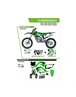 Kit complet plastice UFO KAKIT227001 include Stickere KAWASAKI KXF 250 '21-'22; KXF 450 '19-'22 (KA04738) si capace de amortizare (KA04701) APODIS culoare Negru