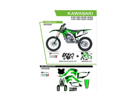 Kit complet plastice UFO KAKIT227001 include Stickere KAWASAKI KXF 250 '21-'22; KXF 450 '19-'22 (KA04738) si capace de amortizare (KA04701) APODIS culoare Negru