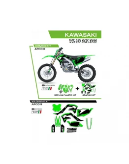Kit complet plastice UFO KAKIT227999A include Stickere KAWASAKI KXF 250 '21-'22; KXF 450 '19-'22 (KA04738)  si capace de amortizare (KA04701) APODIS culoare OEM (Verde/Negru)