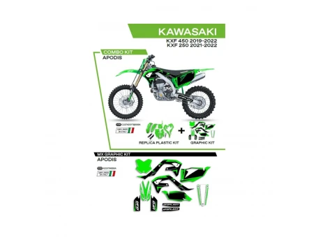 Kit complet plastice UFO KAKIT227999A include Stickere KAWASAKI KXF 250 '21-'22; KXF 450 '19-'22 (KA04738)  si capace de amortizare (KA04701) APODIS culoare OEM (Verde/Negru)
