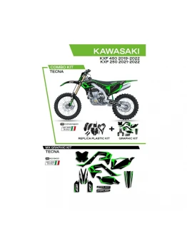 Kit complet plastice UFO KAKIT227001 include Stickere KAWASAKI KXF 250 '21-'22; KXF 450 '19-'22 (KA04738)  si capace de amortizare (KA04701) TECNA culoare Negru