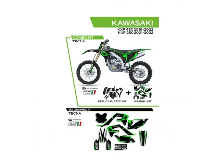 Kit complet plastice UFO KAKIT227001 include Stickere KAWASAKI KXF 250 '21-'22; KXF 450 '19-'22 (KA04738)  si capace de amortizare (KA04701) TECNA culoare Negru
