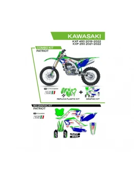 Kit complet plastice UFO KAKIT227999A include Stickere KAWASAKI KXF 250 '21-'22; KXF 450 '19-'22 (KA04738) si capace de amortizare (KA04701) PATRIOT culoare OEM (Verde/Albastru)