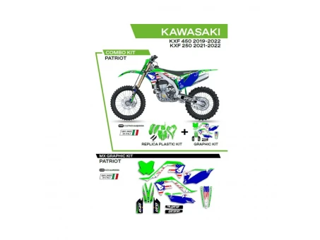 Kit complet plastice UFO KAKIT227999A include Stickere KAWASAKI KXF 250 '21-'22; KXF 450 '19-'22 (KA04738) si capace de amortizare (KA04701) PATRIOT culoare OEM (Verde/Albastru)