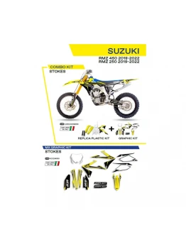 Kit complet plastice UFO SUKIT418999 include Stickere SUZUKI RMZ 250 '19-'22; RMZ 450 '18-'22 STOKES culoare OEM (Alb/Galben/Negru)