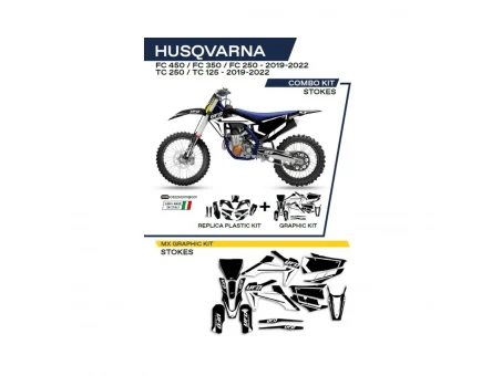Kit complet plastice UFO HUKIT622001 include Stickere HUSQVARNA TC 125/250 '19-'22; FC 250/350/450 '19-'22 (HU04303)  si capace de amortizare (HU03361) STOKES culoare Negru