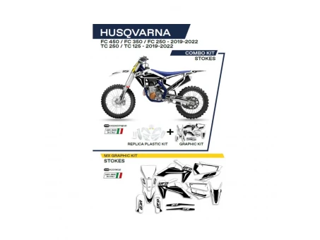 Kit complet plastice UFO HUKIT622041 include Stickere HUSQVARNA TC 125/250 '19-'22; FC 250/350/450 '19-'22 (HU04303)  si capace de amortizare (HU03361) STOKES culoare Alb