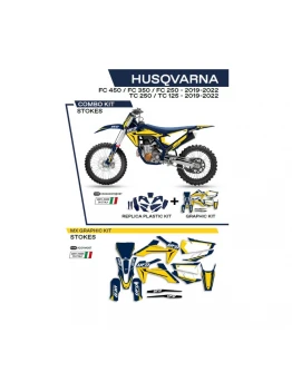 Kit complet plastice UFO HUKIT622087 include Stickere HUSQVARNA TC 125/250 '19-'22; FC 250/350/450 '19-'22 (HU04303) si capace de amortizare (HU03361) STOKES culoare Albastru