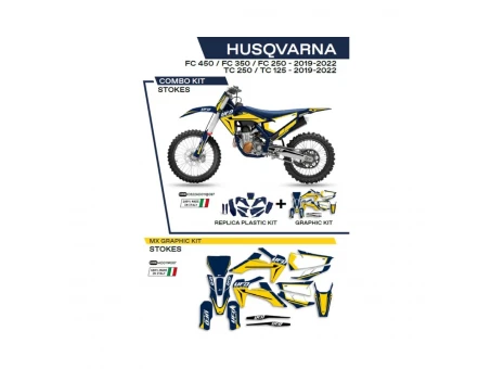 Kit complet plastice UFO HUKIT622087 include Stickere HUSQVARNA TC 125/250 '19-'22; FC 250/350/450 '19-'22 (HU04303) si capace de amortizare (HU03361) STOKES culoare Albastru