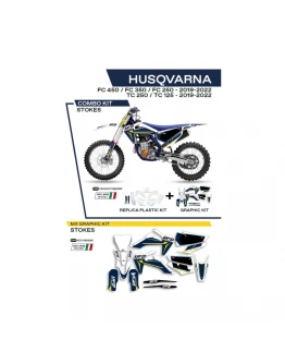 Kit complet plastice UFO HUKIT622999W include Stickere HUSQVARNA TC 125/250 '19-'22; FC 250/350/450 '19-'22 (HU04303)  si capace de amortizare (HU03361) STOKES culoare OEM (Alb/Albastru)