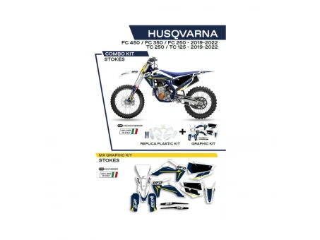 Kit complet plastice UFO HUKIT622999W include Stickere HUSQVARNA TC 125/250 '19-'22; FC 250/350/450 '19-'22 (HU04303)  si capace de amortizare (HU03361) STOKES culoare OEM (Alb/Albastru)