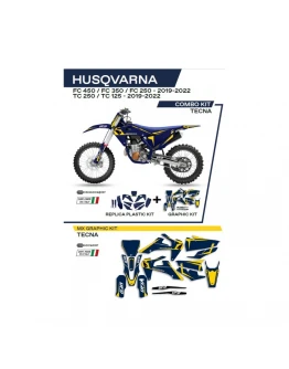 Kit complet plastice UFO HUKIT622087 include Stickere HUSQVARNA TC 125/250 '19-'22; FC 250/350/450 '19-'22 (HU04303)  si capace de amortizare (HU03361) TECNA culoare Albastru