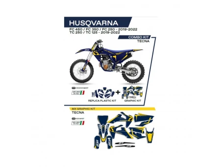 Kit complet plastice UFO HUKIT622087 include Stickere HUSQVARNA TC 125/250 '19-'22; FC 250/350/450 '19-'22 (HU04303)  si capace de amortizare (HU03361) TECNA culoare Albastru