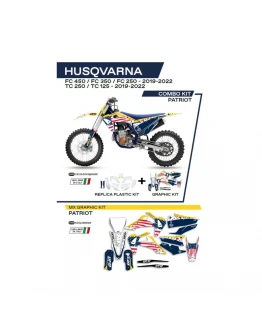 Kit complet plastice UFO HUKIT622999W include Stickere HUSQVARNA TC 125/250 '19-'22; FC 250/350/450 '19-'22 (HU04303) si capace de amortizare (HU03361) PATRIOT culoare OEM (Alb/Albastru)
