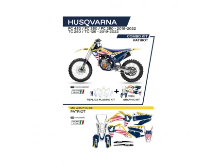 Kit complet plastice UFO HUKIT622999W include Stickere HUSQVARNA TC 125/250 '19-'22; FC 250/350/450 '19-'22 (HU04303) si capace de amortizare (HU03361) PATRIOT culoare OEM (Alb/Albastru)