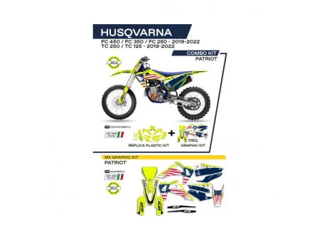 Kit complet plastice UFO HUKIT622DFLU include Stickere HUSQVARNA TC 125/250 '19-'22; FC 250/350/450 '19-'22 (HU04303) si capace de amortizare (HU03361) PATRIOT culoare Galben NEON