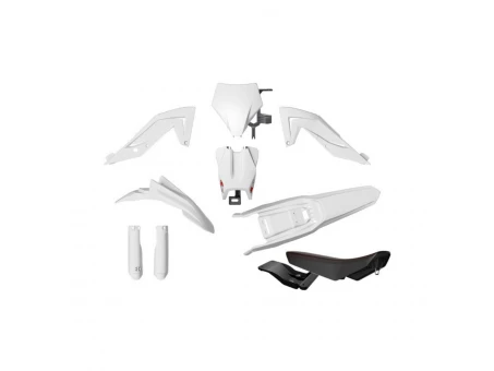 Kit plastice RACETECH (RTECH) cu protecții telescoape și șa - Talaria Sting MX4 / MX5 / TL 4000 / 5500 (2023–2025) - Alb | KITTAL-BN0-624