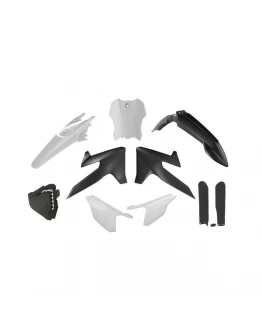 Kit plastice cu protecții furcă RACETECH (RTECH) pentru Triumph TF 250 X / TF 450 RC (2024-2026) - Negru/Alb