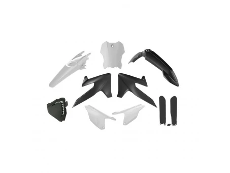 Kit plastice cu protecții furcă RACETECH (RTECH) pentru Triumph TF 250 X / TF 450 RC (2024-2026) - Negru/Alb | KITTRI-OEM-025
