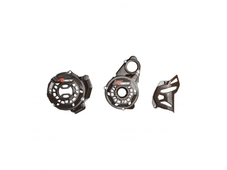 Set protecții motor RACETECH (RTECH) capac ambreiaj, alternator și pinion ieșire pentru KOVE 800 X Pro / Rally (2024–2025) - Negru | PRMKOVNR025