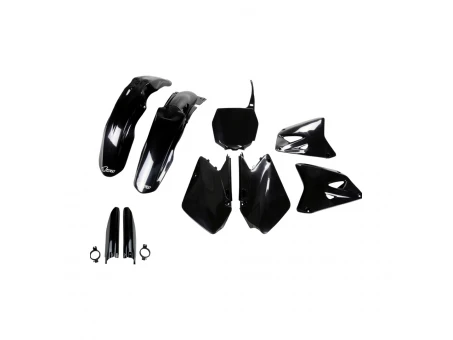Kit plastice complet UFO cu protecții telescoape Suzuki RM 125/250 (2001-2022) - Negru | SUKIT402F001
