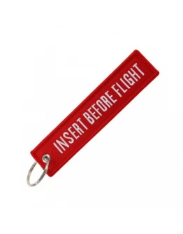 Breloc moto textil "Insert before flight", Rosu